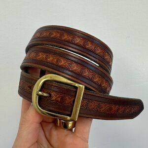 Vintage Tooled Brown Leather XO Floral Belt Adjustable Buckle Size M